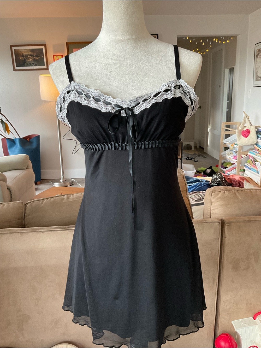 🕷️Widow Coquette Black & White Lace Mini Slip Dress Size Large Gothic Romance